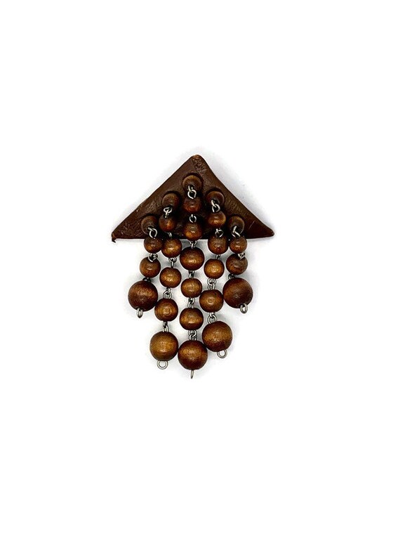 Vintage Wood Bead Brooch Pin Brown Beads 40s 50s … - image 4