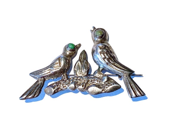 Vintage Mexican Silver Birds Brooch Pin Bird Gree… - image 1