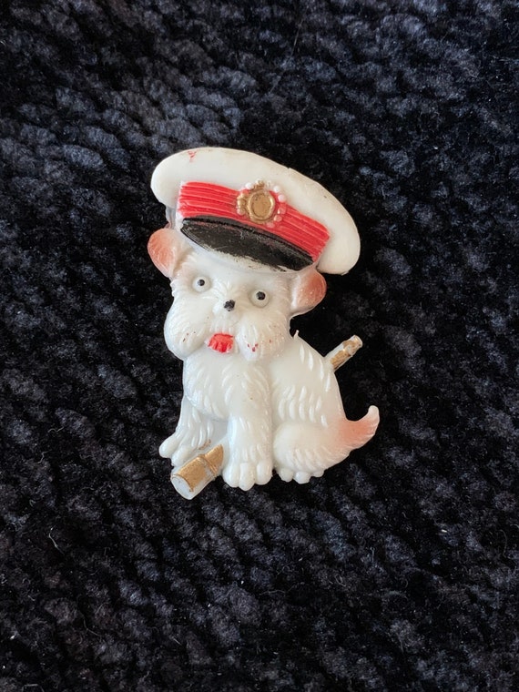 Vintage Celluloid Pin Brooch Dog Scottie Boat Cap… - image 1