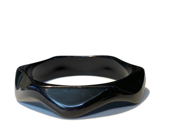 Vintage Black Bangle Bracelet Plastic Lucite Wavy… - image 1