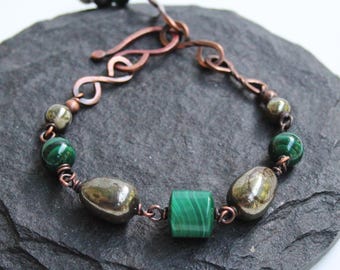 Malachite Pyrite Copper Link Osiris Bracelet | Adjustable from 6.5 to 8 inches Long