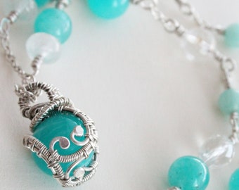 Koningin van het ijs | Russische Amazoniet, kristalkwarts en sterling zilveren ketting