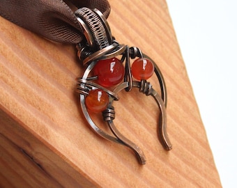 Red Carnelian Lunula | Copper Lunar Eclipse Pendant