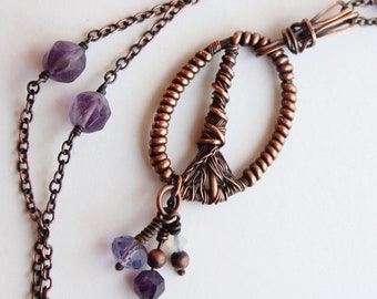 Heksenbezem Samhain ketting | Koper en Amethist Bezem | 30" lange ketting