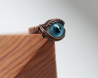 Blue Evil Eye Copper Ring | Wide Band, US Size 7.75