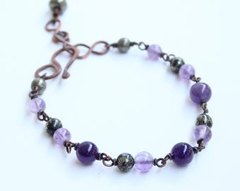 Amethyst and Pyrite Copper Link Bracelet | Adjustable from 7.5 to 9.25 inches Long