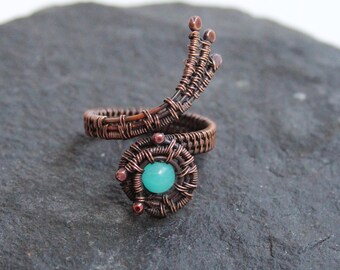 Amazonite and Copper Comet Teal Ring | Adjustable from size 7 to size 10
