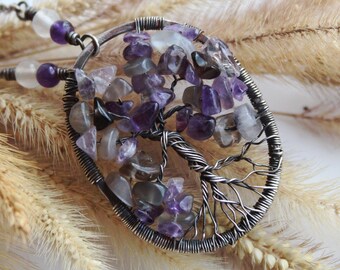 Pendentif arbre de vie Ace Pride | Argent sterling, améthyste, pierre de lune
