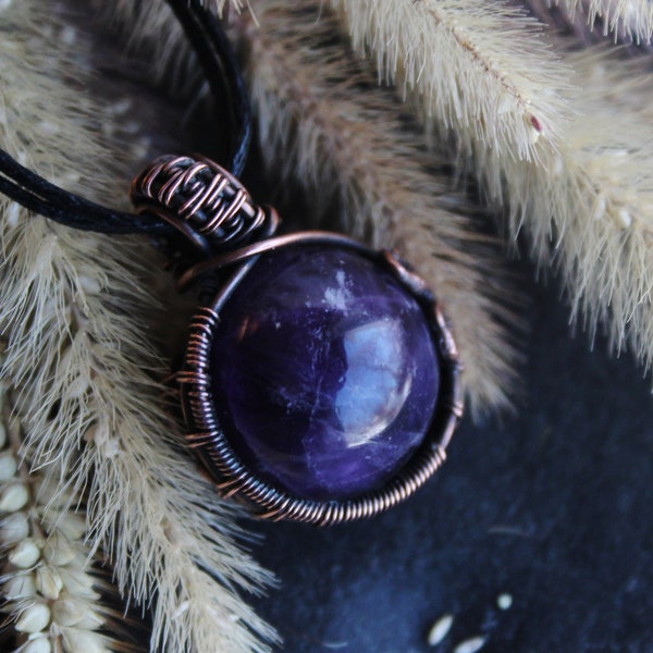 Deep Purple Amethyst and Copper Orb Necklace | Reversible Art Nouveau Crystal Ball Pendant | Adjustable Cord