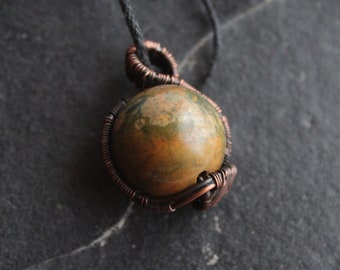 Rhyolite and Copper Orb Necklace | Reversible Art Nouveau Crystal Ball Pendant | Adjustable Cotton Cord