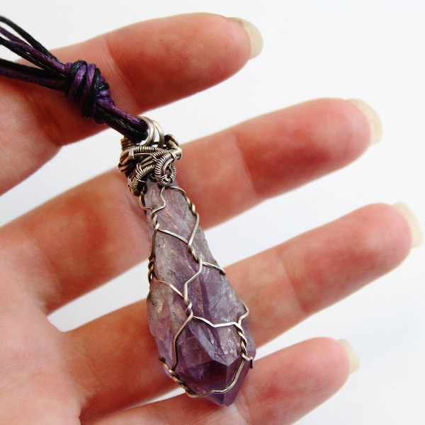 Purple Amethyst Crystal Point and Sterling Silver Necklace | Amethyst Scepter Pendant