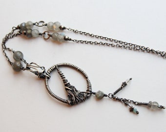 Sterling Silver and Labradorite Besom 28 long chain Witch/'s Broom Samhain Necklace