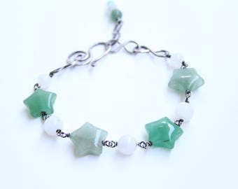 Green Aventurine and Moonstone Crystal Bracelet Sterling Silver Star Bracelet