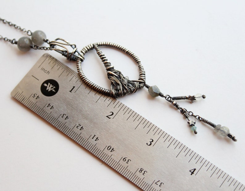 Sterling Silver and Labradorite Besom 28 long chain Witch/'s Broom Samhain Necklace