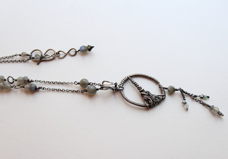 Sterling Silver and Labradorite Besom 28 long chain Witch/'s Broom Samhain Necklace