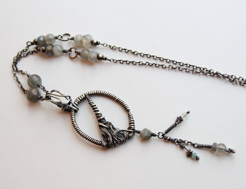 Sterling Silver and Labradorite Besom 28 long chain Witch/'s Broom Samhain Necklace