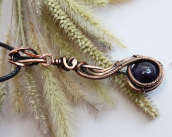 Pendentif goutte d'améthyste violet foncé et cuivre | Talisman réversible