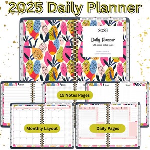 Puede incluir: Una agenda diaria 2025 con un patrón de piña colorido en la portada. La agenda incluye 15 páginas para notas, un diseño mensual y páginas diarias.
