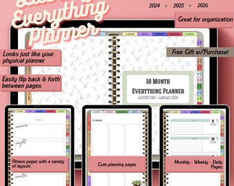 Può includere: Planner digitale con il testo "The Literally Everything Planner". Include pagine di fitness, pianificazione e giornaliere. Presenta un planner di 18 mesi da agosto 2024 a gennaio 2026. Download immediato.