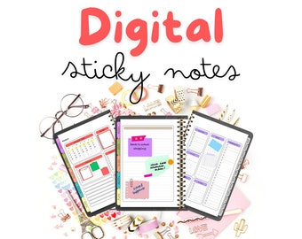 May include: Digital sticky notes planner with colorful sticky notes, a calendar, and to-do lists. The planner is surrounded by colorful stationery supplies, including washi tape, paper clips, and hearts.