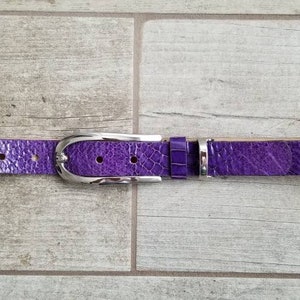 May include: A purple leather belt with a silver buckle. The belt has a textured, alligator-like pattern.