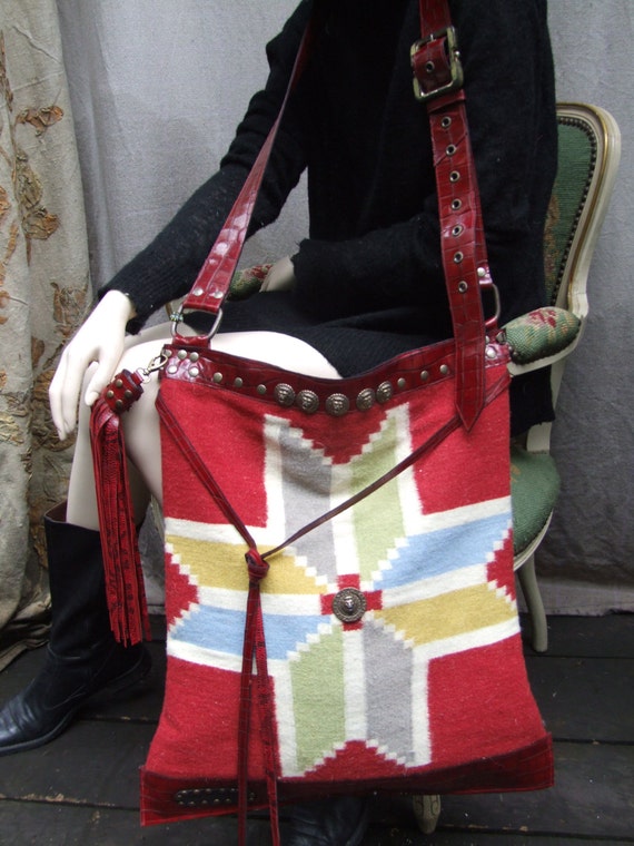 RED STAR, BAG. carpet bag ,vintage kilim bag, boho,gypsy.red bag with leather.