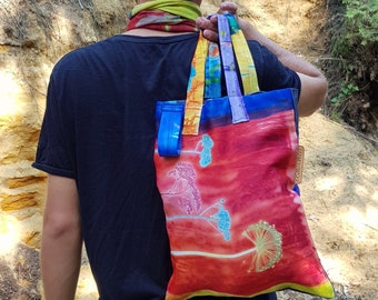 medium size UFO MULTICLOUR BAG, shopper, tote, hand printed bag, rainbow, ready to ship