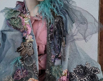 BLUE OCEAN,art to Wear, Unique, turqoise Blue mohair jacket , tattered,Bohemian ,  Gypsy,   ready to ship
