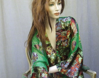 BARBADOS, SILK KIMONO, jacket, cruise , lagenlook ,kimono, green