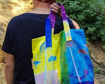 UFO MULTICLOUR BAG, shopper, tote, hand printed bag, rainbow, ready to ship