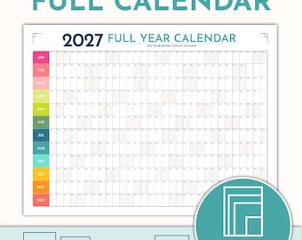 May include: A 2027 full year calendar printed on a single page with a grid layout. The months are listed in a vertical column on the left in various colors. Below the calendar, text indicates multiple poster sizes including 24x36, 20x30, 18x24, 12x16, and A1.