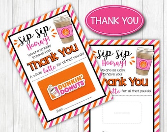 DUNKIN' Donuts, Thank You Gift card holder. 5x7" DIGITAL FILE. Thank You Appreciation. Easy Gift. Printable Instant Download.