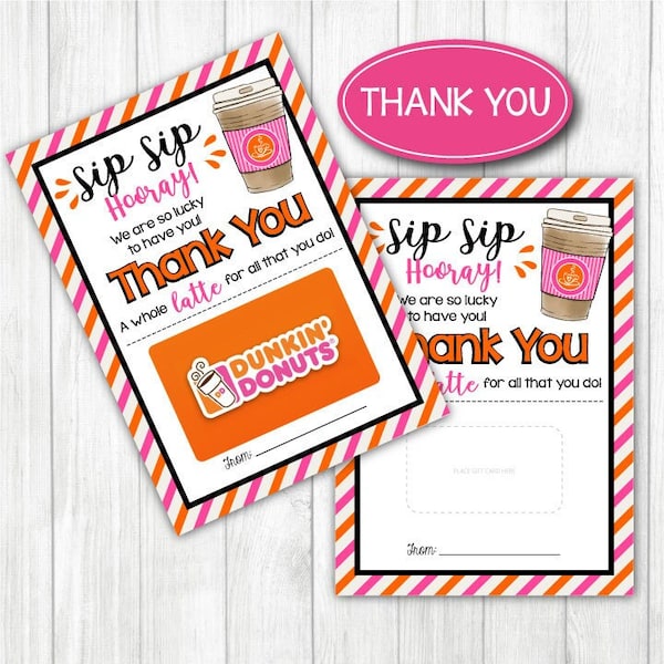 DUNKIN' Donuts, Thank You Gift card holder. 5x7" DIGITAL FILE. Thank You Appreciation. Easy Gift. Printable Instant Download.