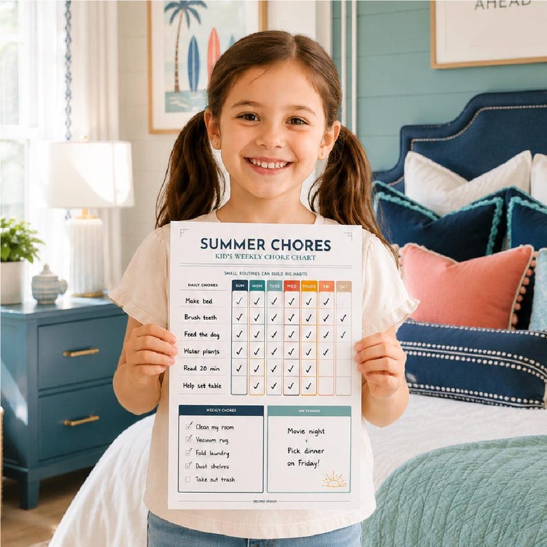 Peut inclure: Un tableau de corv&eacute;es en papier blanc intitul&eacute; Summer Chores Kid's Weekly Chore Chart avec une grille pour les t&acirc;ches quotidiennes comme faire le lit, se brosser les dents, nourrir le chien, arroser les plantes, lire 20 min et mettre la table.