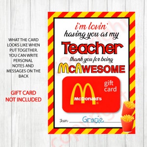 Teacher Mcdonald's Gift Card Holder. 5x7" DIGITAL File. Thank You ...