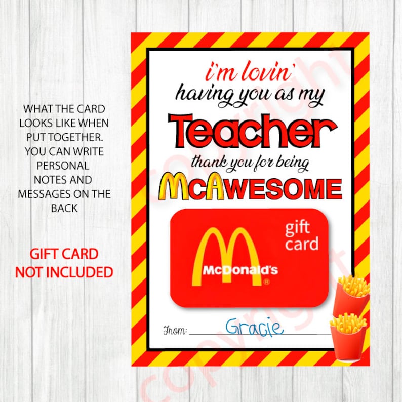 Teacher Mcdonald's Gift Card Holder. 5x7 DIGITAL Etsy