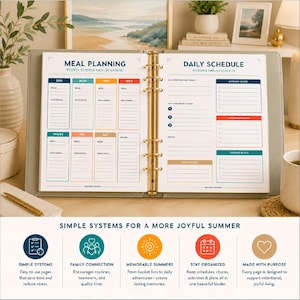 Peut inclure: Un classeur &agrave; six anneaux ouvert sur deux pages intitul&eacute;es Meal Planning et Daily Schedule. La page de gauche pr&eacute;sente un planificateur de repas hebdomadaire avec des cases color&eacute;es pour chaque jour. La page de droite inclut des sections pour les priorit&eacute;s.