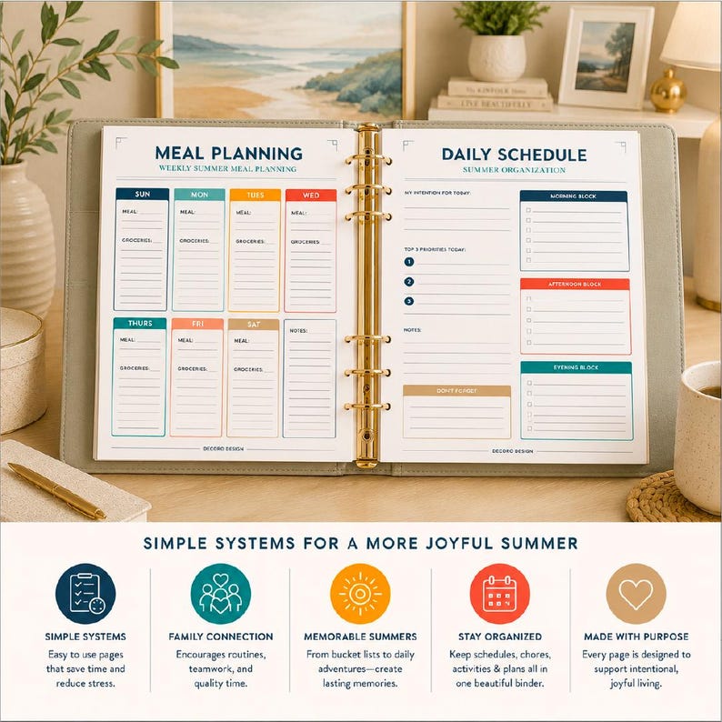 Peut inclure: Un classeur &agrave; six anneaux ouvert sur deux pages intitul&eacute;es Meal Planning et Daily Schedule. La page de gauche pr&eacute;sente un planificateur de repas hebdomadaire avec des cases color&eacute;es pour chaque jour. La page de droite inclut des sections pour les priorit&eacute;s.