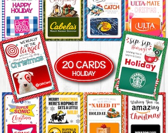 May include: A collection of 20 holiday gift cards from various retailers, including Bath & Body Works, Cabela's, Bass Pro Shops, Ulta Beauty, Starbucks, Sonic, Buffalo Wild Wings, Home Depot, and Amazon. Each card features festive designs and holiday greetings.