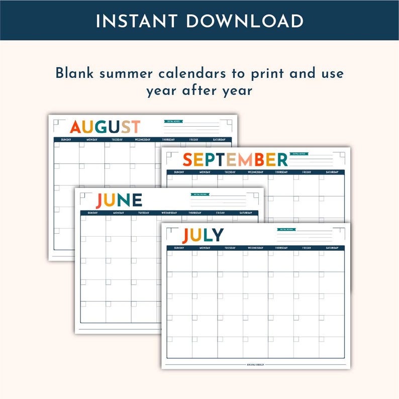 Peut inclure: Un ensemble de quatre calendriers d'&eacute;t&eacute; vierges imprimables pour juin, juillet, ao&ucirc;t et septembre. Chaque calendrier pr&eacute;sente une grille avec les jours de la semaine, une section notes et des en-t&ecirc;tes color&eacute;s. Le texte indique INSTANT DOWNLOAD.
