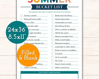 ZOMER-BUCKETLIJST | Inclusief blanco en voorgevuld | Afmetingen: 24 x 36" + 8,5 x 11"| Afdrukbare pdf | Kit met zomerroutines