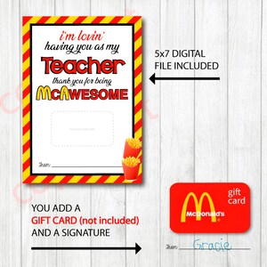 Teacher Mcdonald's Gift Card Holder. 5x7" DIGITAL File. Thank You ...