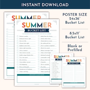 Peut inclure: Un mod&egrave;le num&eacute;rique de liste d'activit&eacute;s estivales avec le texte SUMMER BUCKET LIST en orange et bleu fonc&eacute;. La liste comprend des cases &agrave; cocher et des lignes pour les activit&eacute;s, avec une section pour les souvenirs. Disponible en 61x91 cm et 22x28 cm.