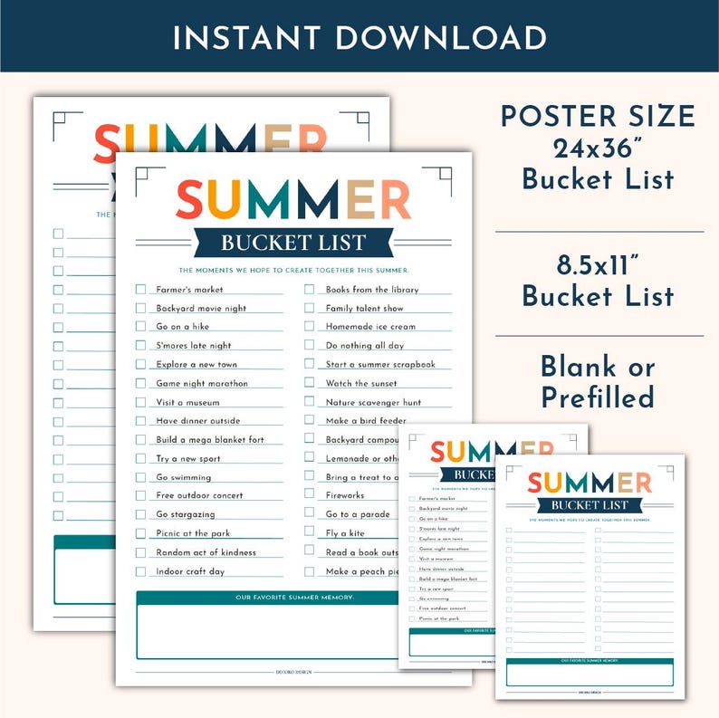 Peut inclure: Un mod&egrave;le num&eacute;rique de liste d'activit&eacute;s estivales avec le texte SUMMER BUCKET LIST en orange et bleu fonc&eacute;. La liste comprend des cases &agrave; cocher et des lignes pour les activit&eacute;s, avec une section pour les souvenirs. Disponible en 61x91 cm et 22x28 cm.