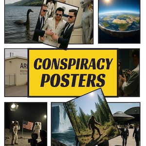 May include: A collage of images with a yellow banner reading "CONSPIRACY POSTERS." The images include the Loch Ness Monster, Elvis Presley, an alien, the Earth, astronauts on the moon, Bigfoot, and a UFO. The overall theme is related to conspiracy theories.