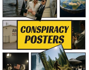 May include: A collage of images with a yellow banner reading "CONSPIRACY POSTERS." The images include the Loch Ness Monster, Elvis Presley, an alien, the Earth, astronauts on the moon, Bigfoot, and a UFO. The overall theme is related to conspiracy theories.