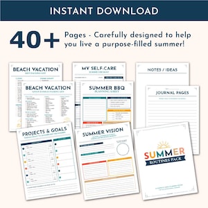 Peut inclure: Un ensemble de planificateurs num&eacute;riques intitul&eacute; Summer Routines Pack avec plus de 40 pages. Comprend des feuilles imprimables pour les listes de bagages de plage, les listes de soins personnels, la planification de BBQ, les projets et objectifs.