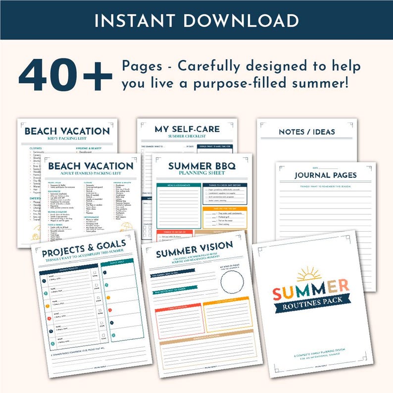 Peut inclure: Un ensemble de planificateurs num&eacute;riques intitul&eacute; Summer Routines Pack avec plus de 40 pages. Comprend des feuilles imprimables pour les listes de bagages de plage, les listes de soins personnels, la planification de BBQ, les projets et objectifs.