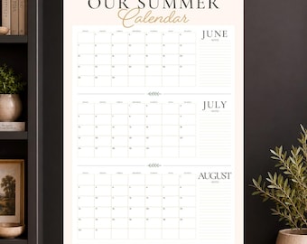 ZOMER 2026 grote KALENDER | Juni Juli Augustus | 24 x 36" + 8,5 x 11" | Afdrukbare pdf | Zomer in één oogopslag gezinskalender