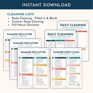Peut inclure: Une collection de listes de nettoyage imprimables comprenant des feuilles pour le m&eacute;nage quotidien, le d&eacute;sencombrement estival et le grand nettoyage d'&eacute;t&eacute;. Les documents pr&eacute;sentent des en-t&ecirc;tes bleu fonc&eacute;, orange et bleu sarcelle avec des listes.